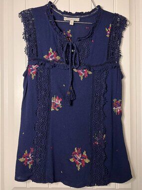 Pale Sky Navy Blue Embroidered Boho Top Size Small Crochet Lace Tassels